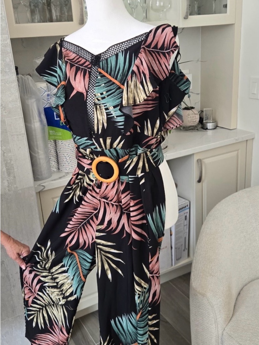 Black Tropical-Print Belted Jumpsuit with Flutter Sleeves